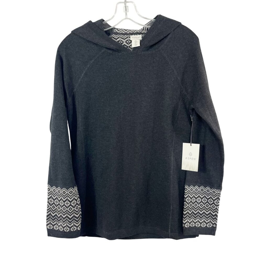 NEW Aspen Gray & White Fair Isle Print Knit Sweater Pullover Hoodie Size Small